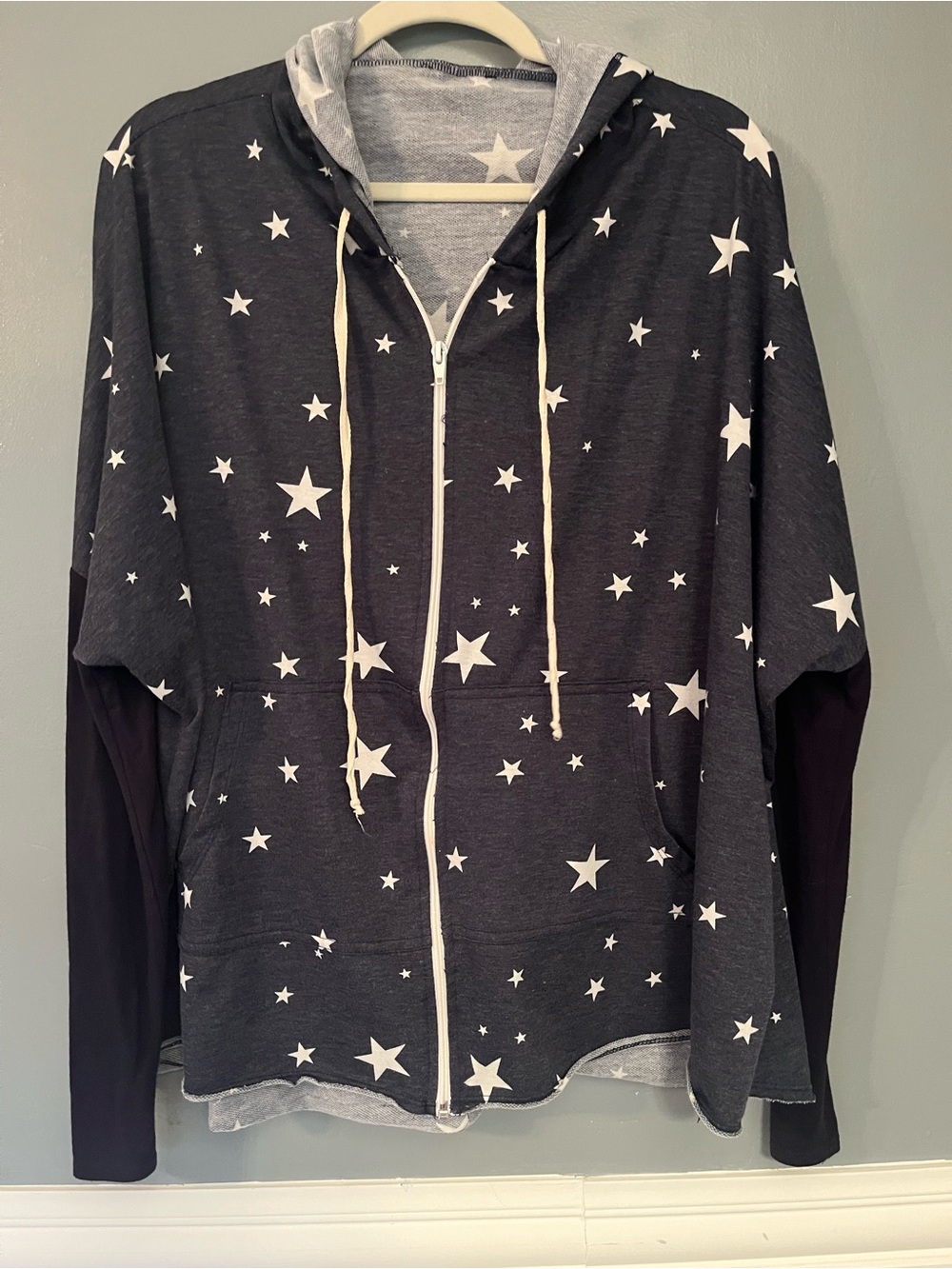 Star Print Zip Hoodie in Navy Blue & White Relaxed Fit Medium